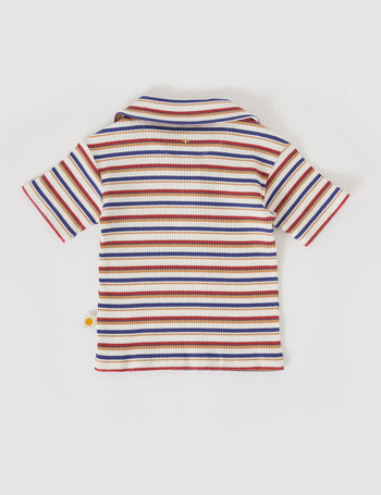 The Goldie + Ace Outback Stripe Rib Polo Shirt in Outback Stripe pictured on a grey background. The material is ribbed cotton. It is a top made for babies, toddlers and kids.