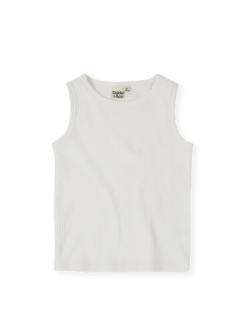 The Goldie + Ace Rib Tank in White pictured on a transparent background. The material is soft cotton elastane. It is a top made for babies, toddlers and kids.