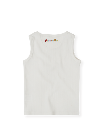 The Goldie + Ace Rib Tank in White pictured on a transparent background. The material is soft cotton elastane. It is a top made for babies, toddlers and kids.