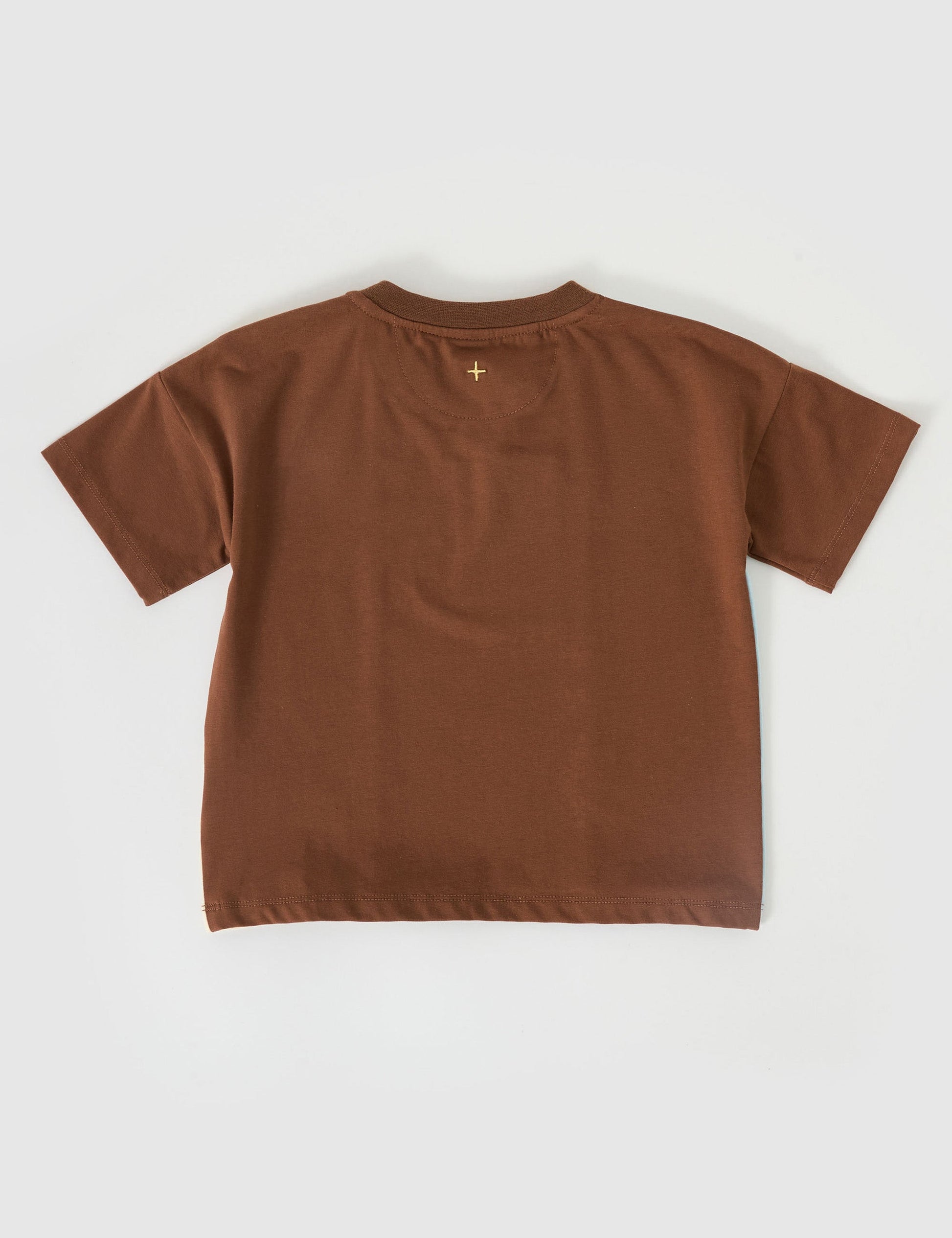 The Goldie + Ace Goldie Sports Day T-Shirt in Brown Golden Cream Blue pictured on a grey background. The material is cotton jersey. It is a top made for babies, toddlers and kids.