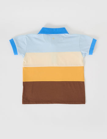 The Goldie + Ace Tommy Polo Shirt in Brown Golden Cream Blue pictured on a grey background. The material is cotton jersey. It is a top made for babies, toddlers and kids.