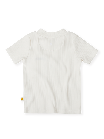 The Goldie + Ace Rib T-Shirt in White pictured on a transparent background. The material is soft cotton elastane. It is a top made for babies, toddlers and kids.