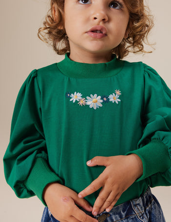 Eden Embroidered Puff Long Sleeve Top Bottle Green