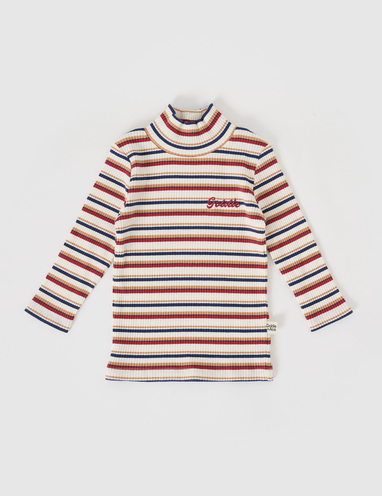 The Goldie + Ace Outback Stripe Embroidered Rib Skivvy in Outback Stripe pictured on a grey background. The material is soft ribbed cotton elastane. It is a top made for babies, toddlers and kids.