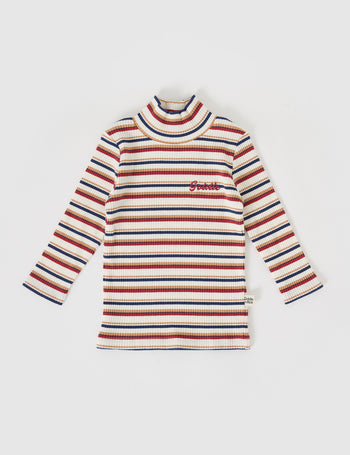 The Goldie + Ace Outback Stripe Embroidered Rib Skivvy in Outback Stripe pictured on a grey background. The material is soft ribbed cotton elastane. It is a top made for babies, toddlers and kids.