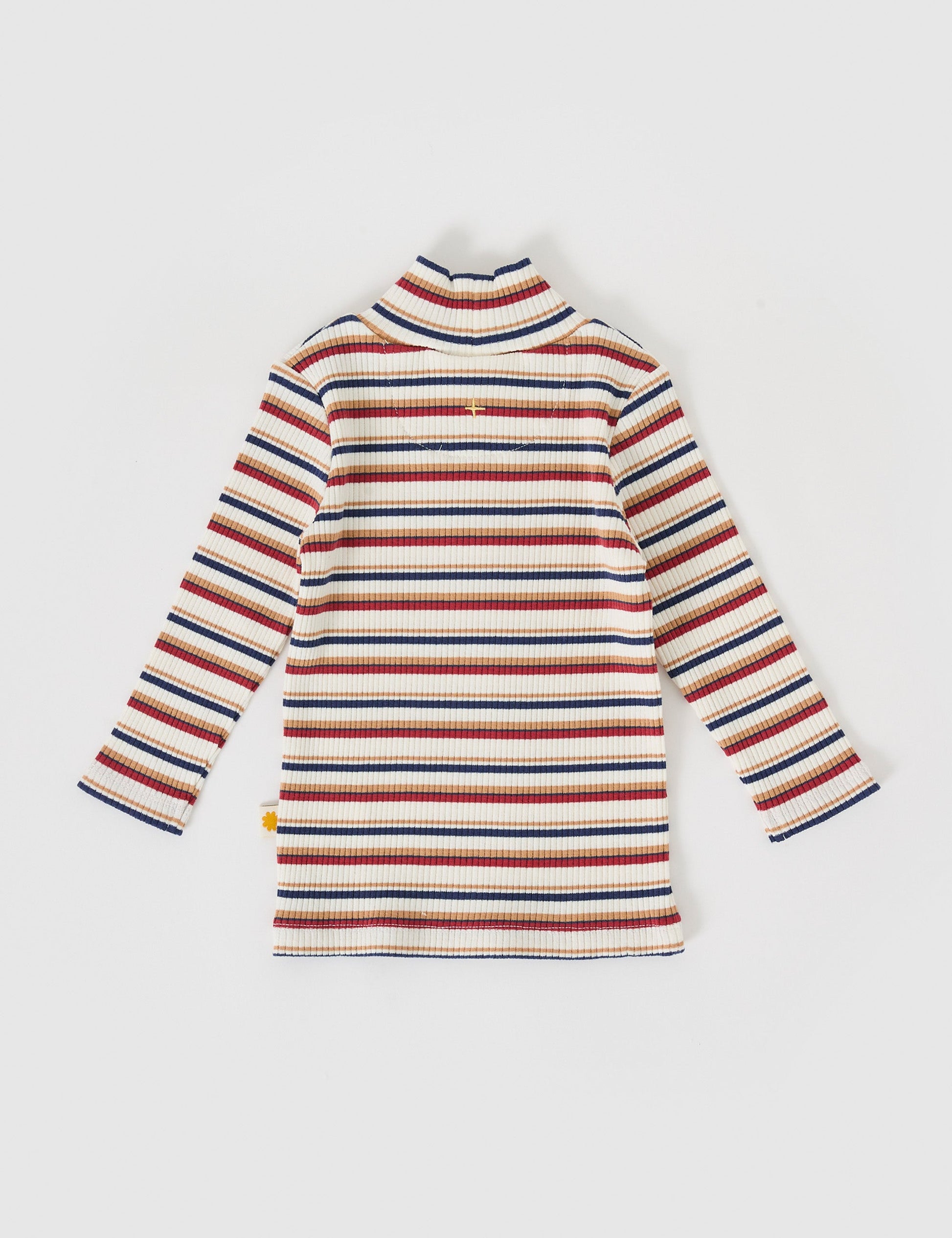 The Goldie + Ace Outback Stripe Embroidered Rib Skivvy in Outback Stripe pictured on a grey background. The material is soft ribbed cotton elastane. It is a top made for babies, toddlers and kids.