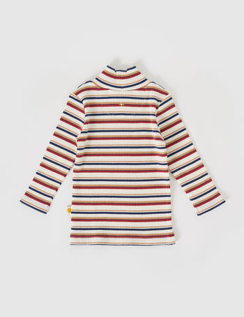 The Goldie + Ace Outback Stripe Embroidered Rib Skivvy in Outback Stripe pictured on a grey background. The material is soft ribbed cotton elastane. It is a top made for babies, toddlers and kids.