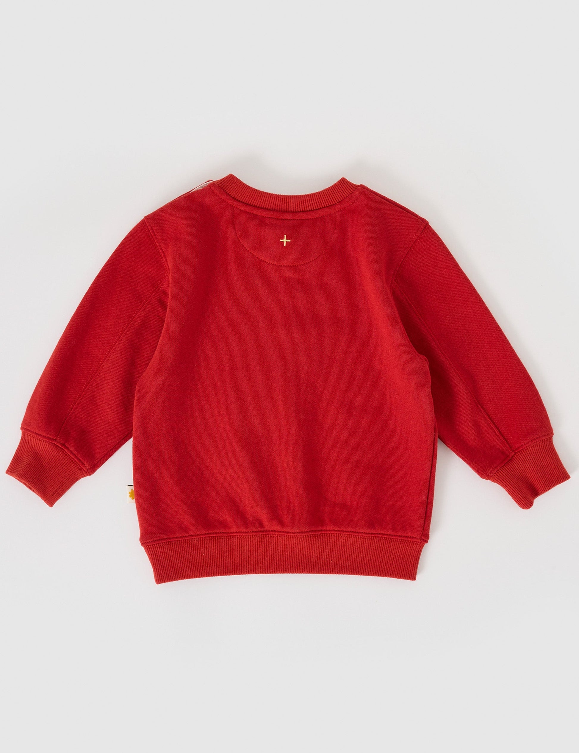 The Goldie + Ace Goldie Crew Embroidered Sweater in Red pictured on a grey background. The material is cotton terry. It is a top made for babies, toddlers and kids.