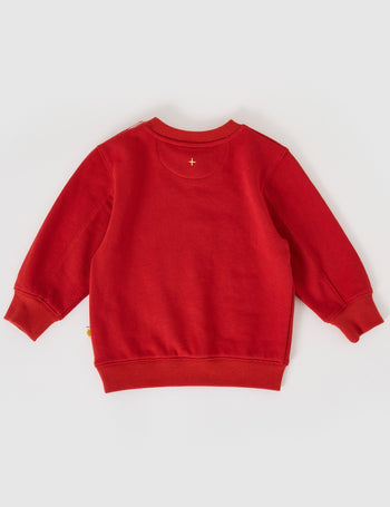 The Goldie + Ace Goldie Crew Embroidered Sweater in Red pictured on a grey background. The material is cotton terry. It is a top made for babies, toddlers and kids.