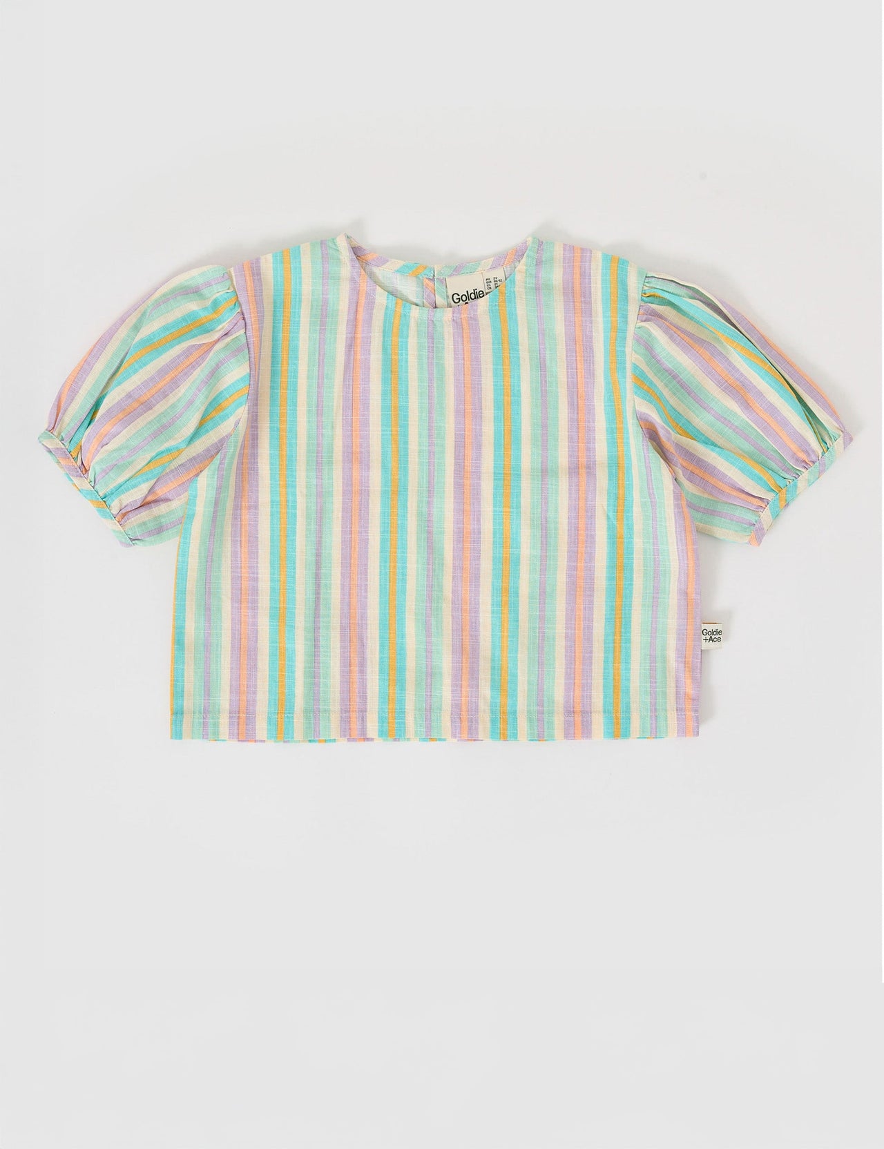 The Goldie + Ace Puff Sleeve Linen Top in Resort Stripe pictured on a grey background. The material is linen. It is a top made for babies, toddlers and kids.