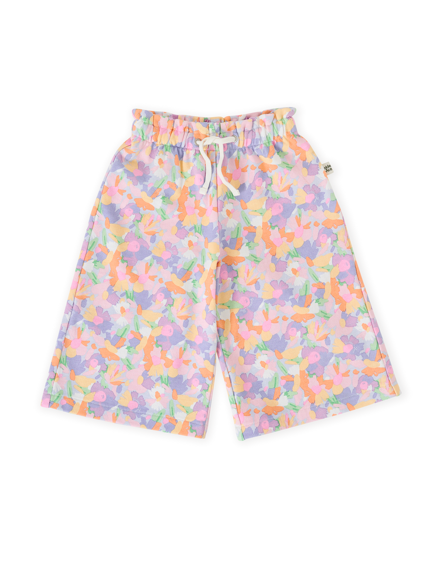 The Goldie + Ace Pastel Bouquet Arlo Wide Leg Pant in Lilac Multi pictured on a transparent background. The material is 100% cotton. It is a bottom made for babies, toddlers and kids.