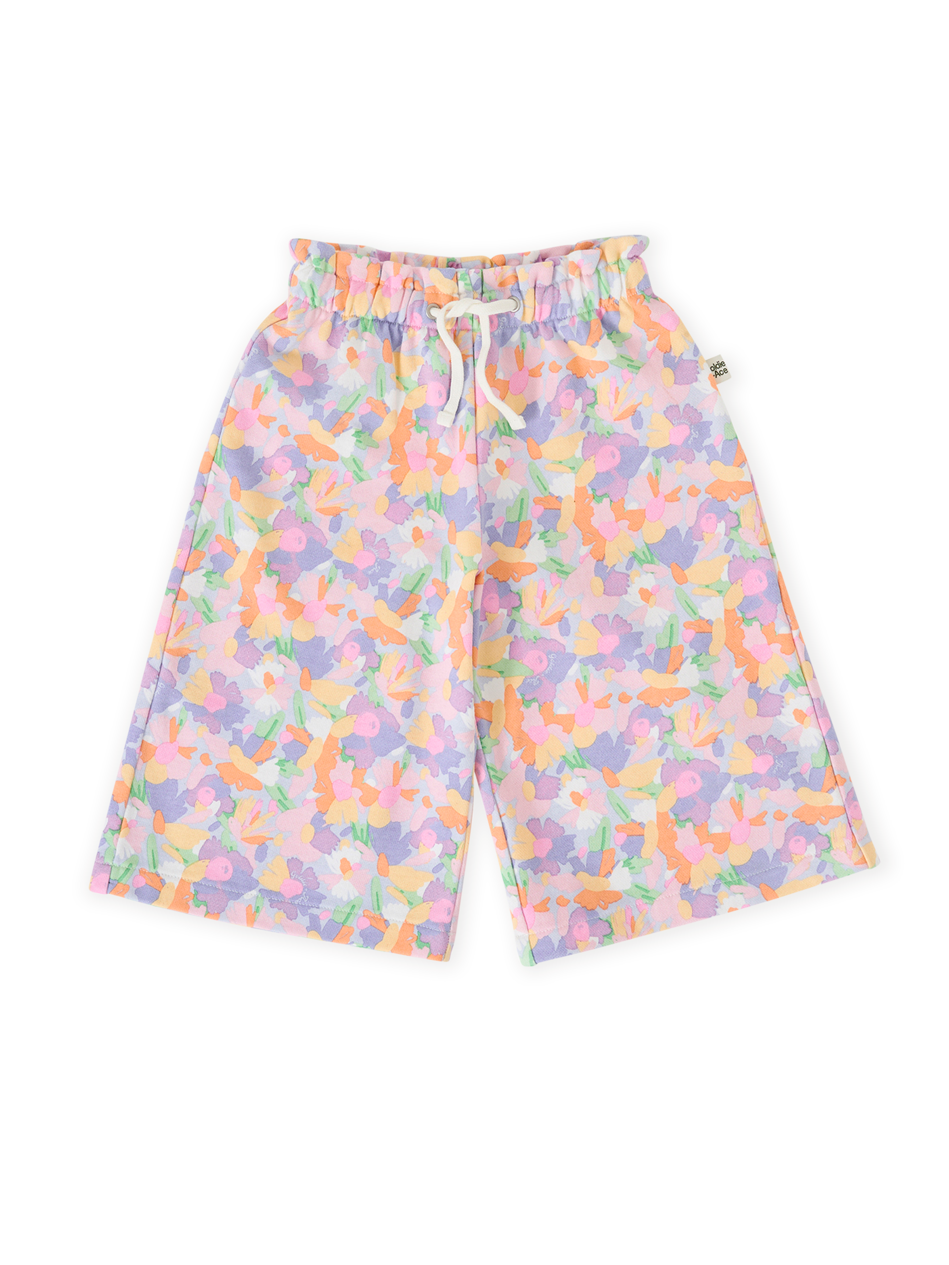 The Goldie + Ace Pastel Bouquet Arlo Wide Leg Pant in Lilac Multi pictured on a transparent background. The material is 100% cotton. It is a bottom made for babies, toddlers and kids.