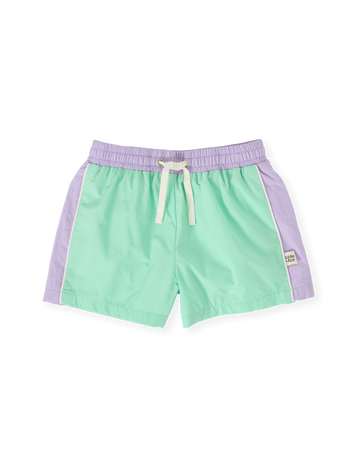 The Goldie + Ace Retro Sporty Shorts in Peapod/Lilac pictured on a transparent background. The material is poly with cotton lining. It is a bottom made for babies, toddlers and kids.