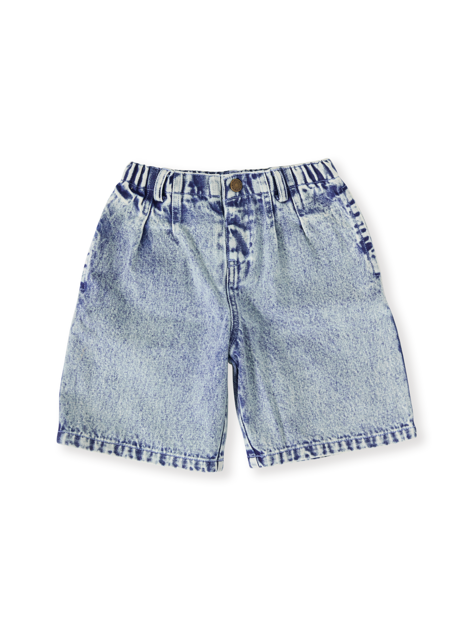 The Goldie + Ace Kirby Relaxed Denim Shorts in Light Denim pictured on a transparent background. The material is cotton. It is a bottom made for babies, toddlers and kids.