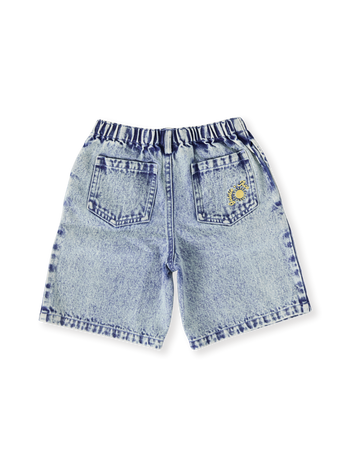 The Goldie + Ace Kirby Relaxed Denim Shorts in Light Denim pictured on a transparent background. The material is cotton. It is a bottom made for babies, toddlers and kids.