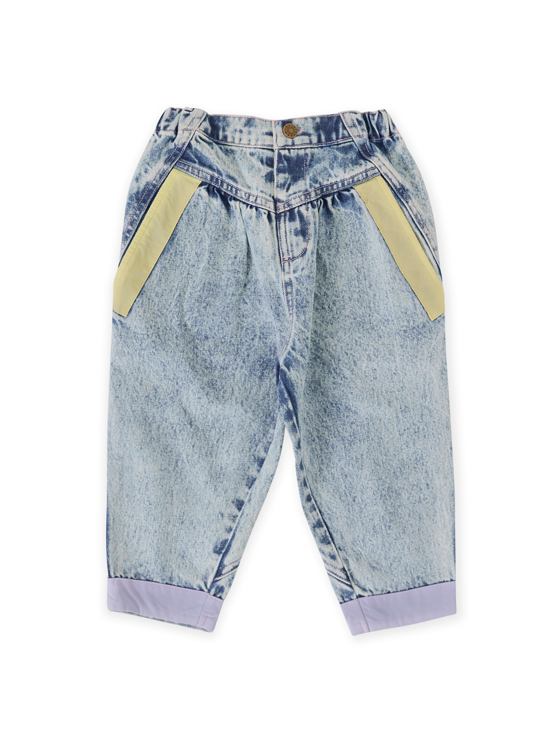The Goldie + Ace Pastel Pop Nora Denim Pant in Light Denim pictured on a transparent background. The material is cotton. It is a bottom made for babies, toddlers and kids.