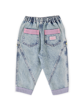 The Goldie + Ace Pastel Pop Nora Denim Pant in Light Denim pictured on a transparent background. The material is cotton. It is a bottom made for babies, toddlers and kids.