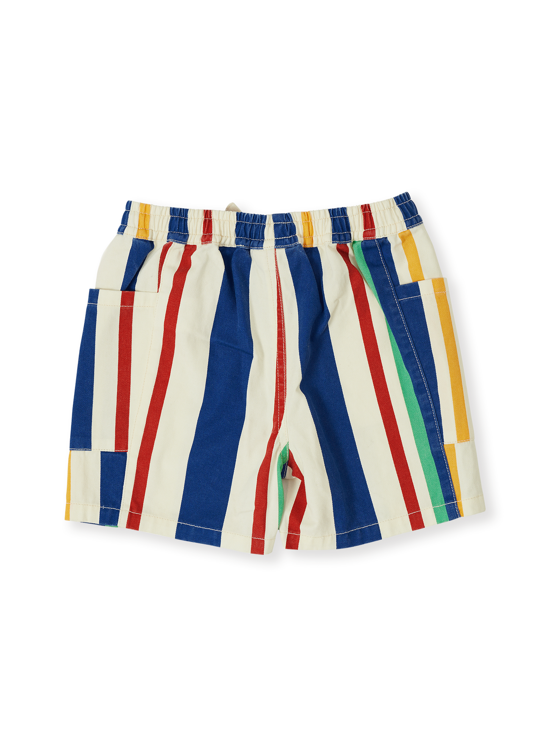 The Goldie + Ace 90's Bold Stripe Noah Denim Pocket Shorts in Primary pictured on a transparent background. The material is 100% cotton. It is a bottom made for babies, toddlers and kids.
