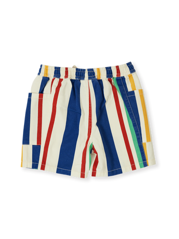 The Goldie + Ace 90's Bold Stripe Noah Denim Pocket Shorts in Primary pictured on a transparent background. The material is 100% cotton. It is a bottom made for babies, toddlers and kids.