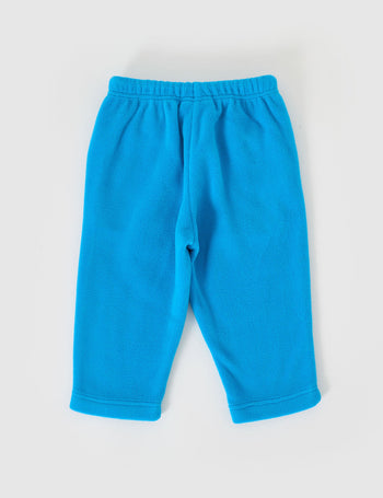 The Goldie + Ace Bobbi Polar Fleece Sweatpants in Lake pictured on a grey background. The material is polyester. It is a bottom made for babies, toddlers and kids.