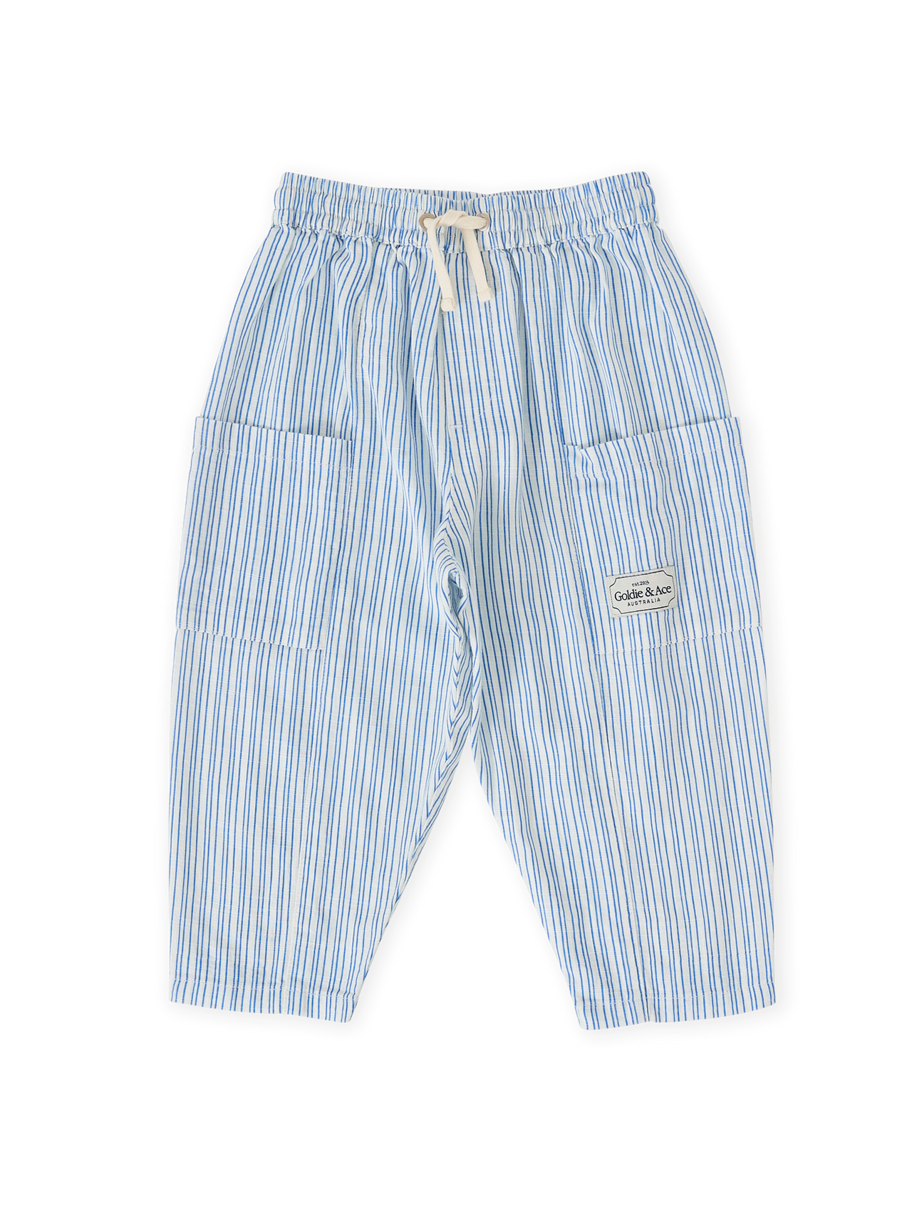 The Goldie + Ace Sailor Stripe Kit Linen Pants in Ocean/Ivory pictured on a transparent background. The material is soft and breathable rayon-linen blend. It is a bottom made for babies, toddlers and kids.