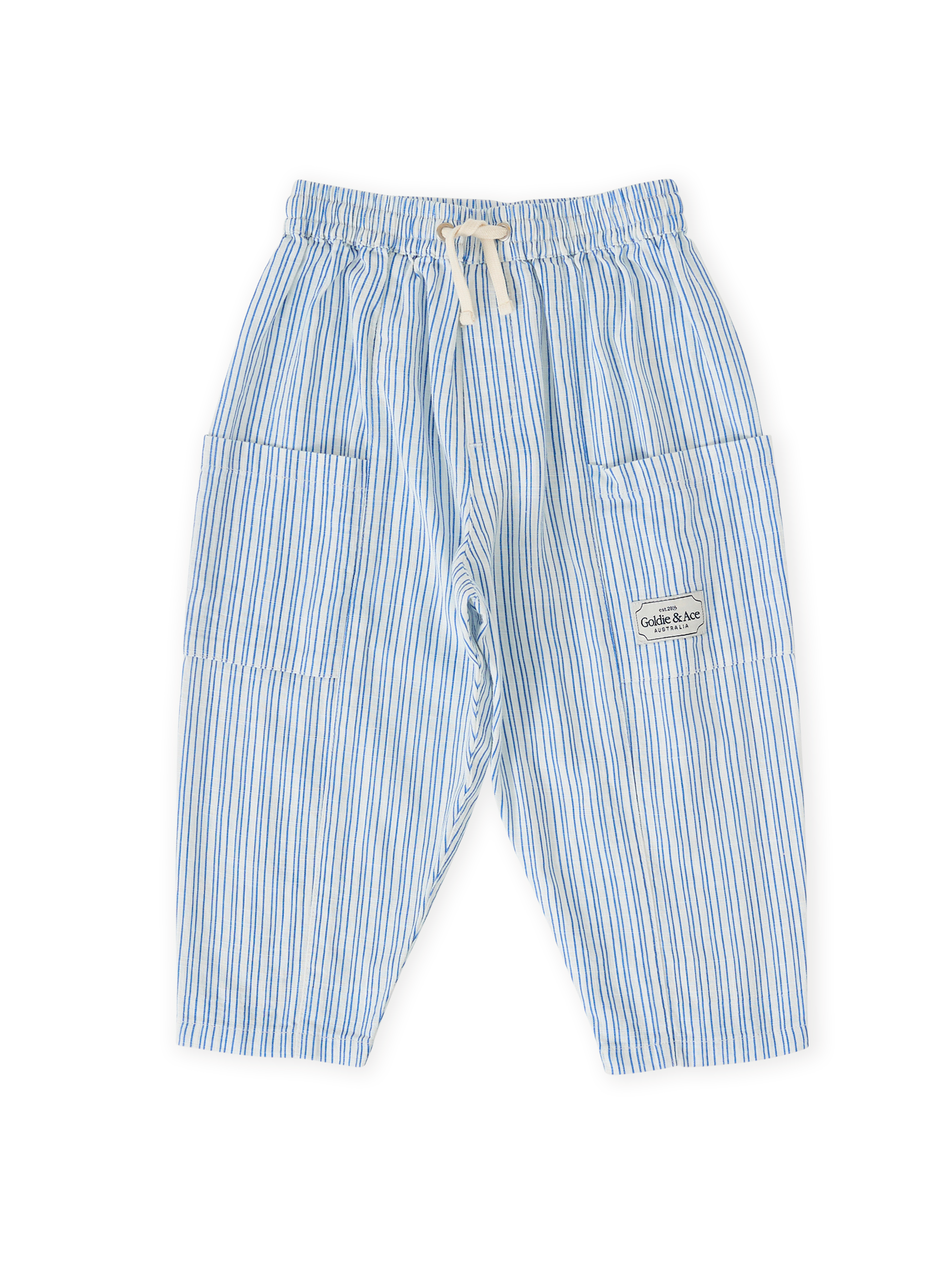 The Goldie + Ace Sailor Stripe Kit Linen Pants in Ocean/Ivory pictured on a transparent background. The material is soft and breathable rayon-linen blend. It is a bottom made for babies, toddlers and kids.