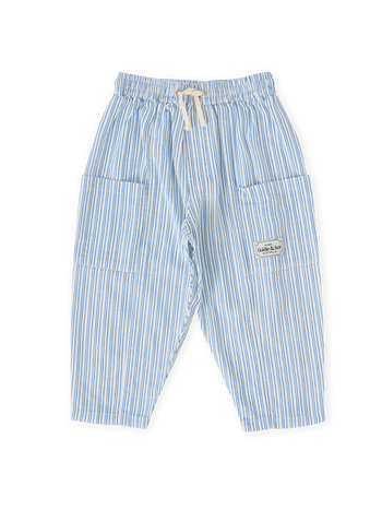The Goldie + Ace Sailor Stripe Kit Linen Pants in Ocean/Ivory pictured on a transparent background. The material is soft and breathable rayon-linen blend. It is a bottom made for babies, toddlers and kids.