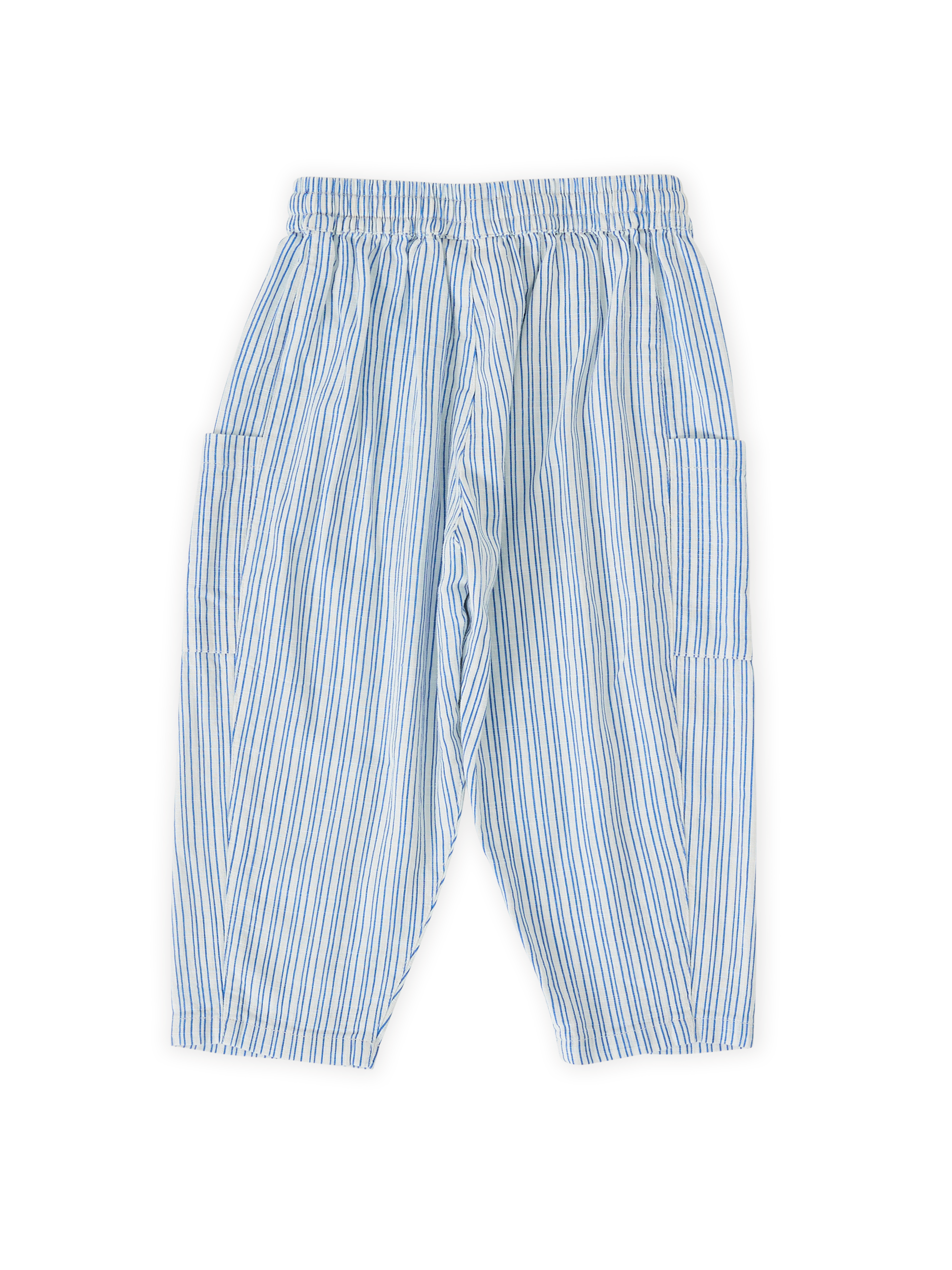 The Goldie + Ace Sailor Stripe Kit Linen Pants in Ocean/Ivory pictured on a transparent background. The material is soft and breathable rayon-linen blend. It is a bottom made for babies, toddlers and kids.