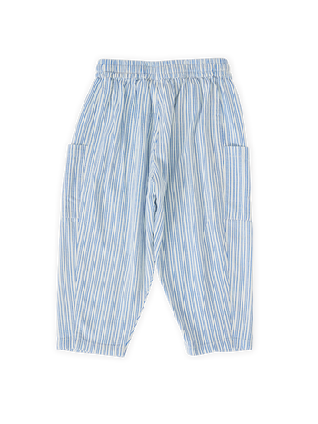 The Goldie + Ace Sailor Stripe Kit Linen Pants in Ocean/Ivory pictured on a transparent background. The material is soft and breathable rayon-linen blend. It is a bottom made for babies, toddlers and kids.