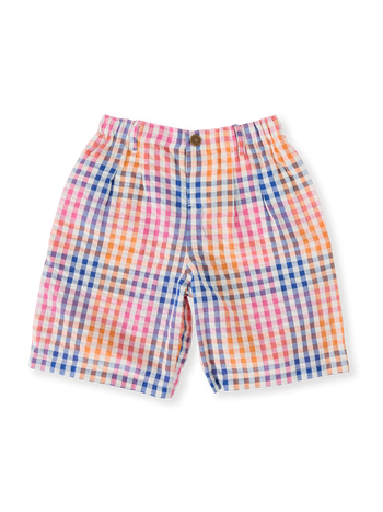 The Goldie + Ace Rainbow Gingham Kirby Relaxed Shorts in Multi pictured on a transparent background. The material is 100% cotton. It is a bottom made for babies, toddlers and kids.
