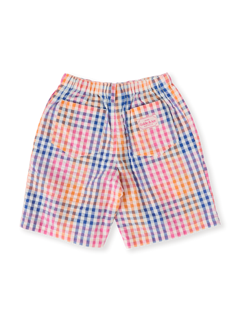 The Goldie + Ace Rainbow Gingham Kirby Relaxed Shorts in Multi pictured on a transparent background. The material is 100% cotton. It is a bottom made for babies, toddlers and kids.