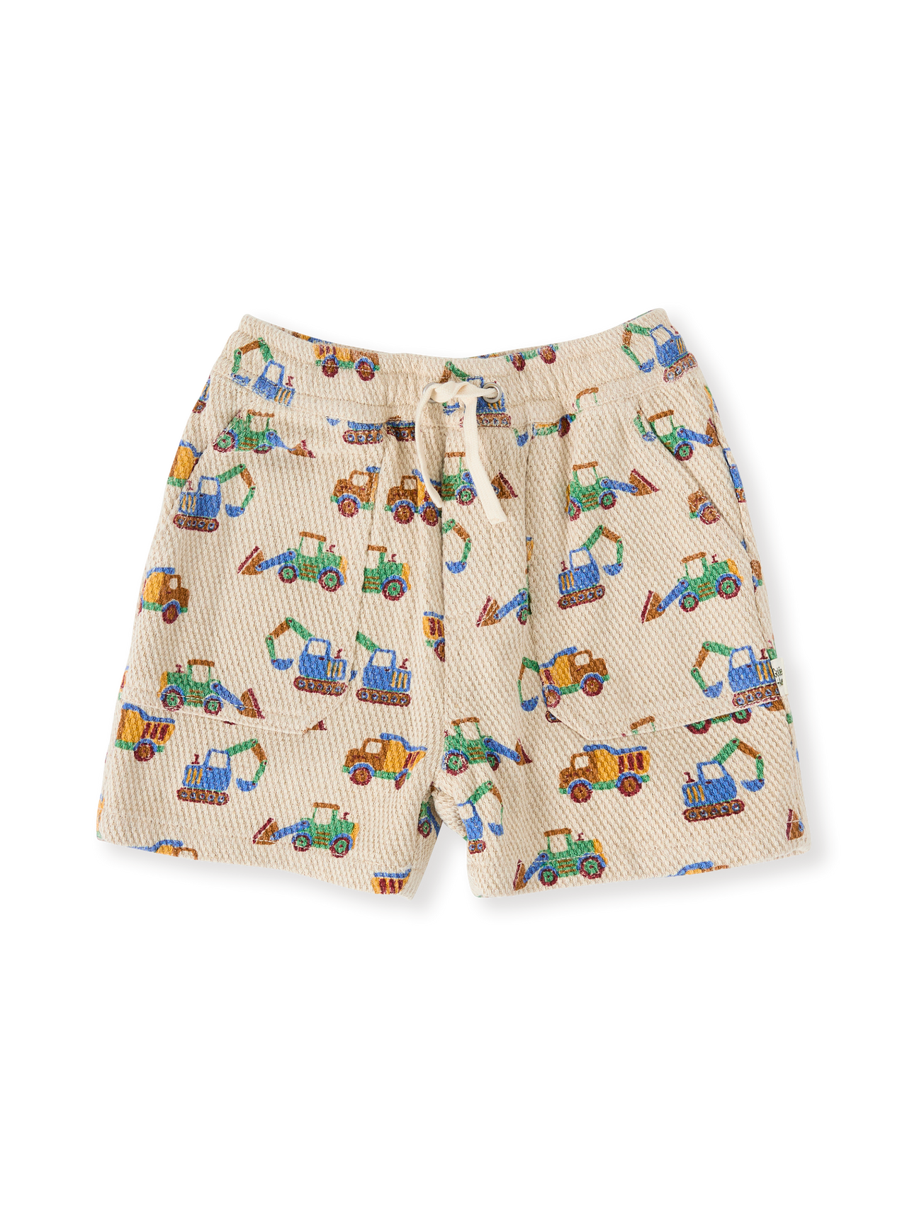 The Goldie + Ace Diggers Noah Shorts in Sand pictured on a transparent background. The material is durable & soft cotton-linen blend. It is a bottom made for babies, toddlers and kids.