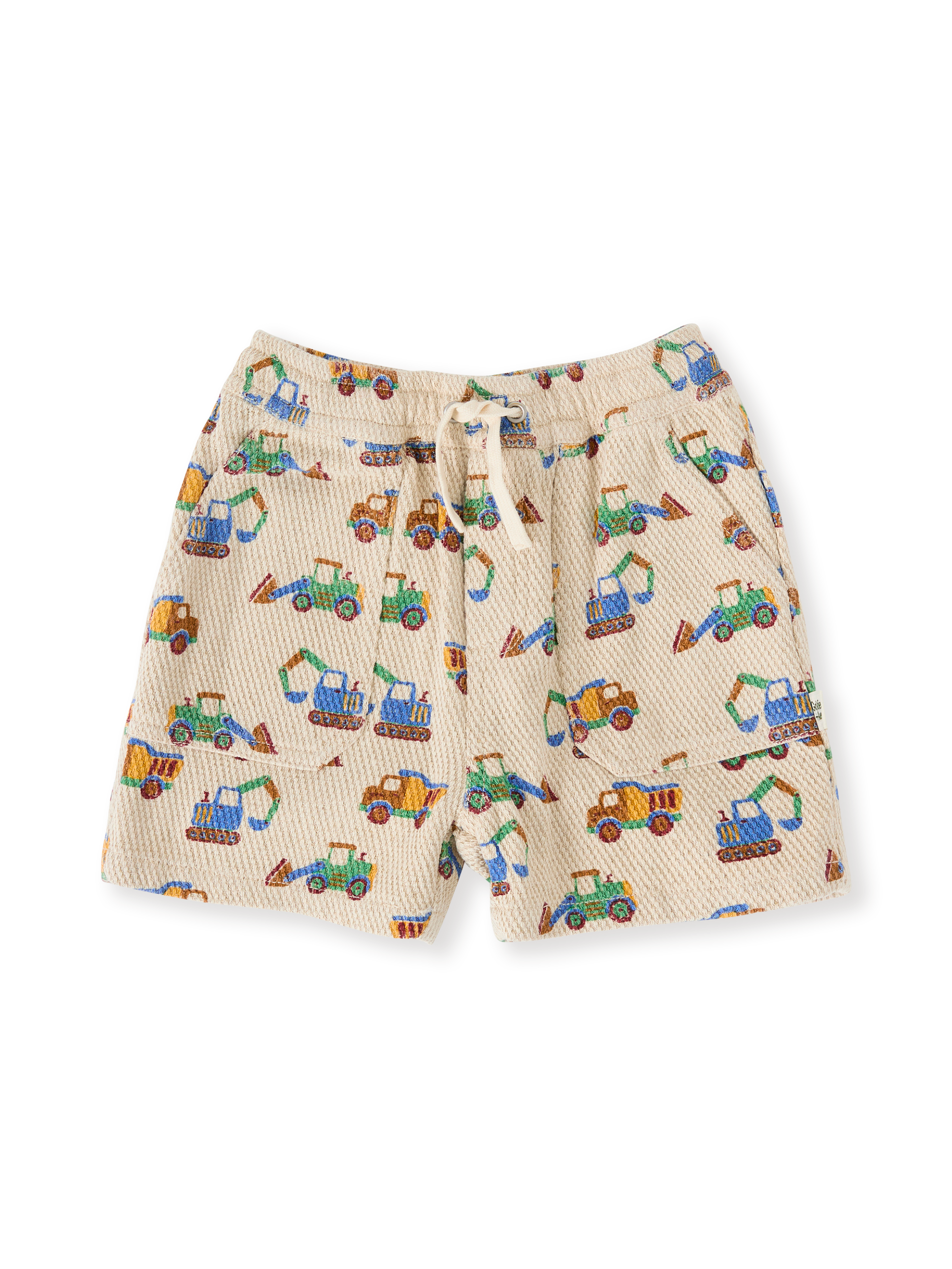 The Goldie + Ace Diggers Noah Shorts in Sand pictured on a transparent background. The material is durable & soft cotton-linen blend. It is a bottom made for babies, toddlers and kids.