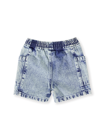 The Goldie + Ace Noah Denim Pocket Shorts in Light Denim pictured on a transparent background. The material is 100% cotton. It is a bottom made for babies, toddlers and kids.