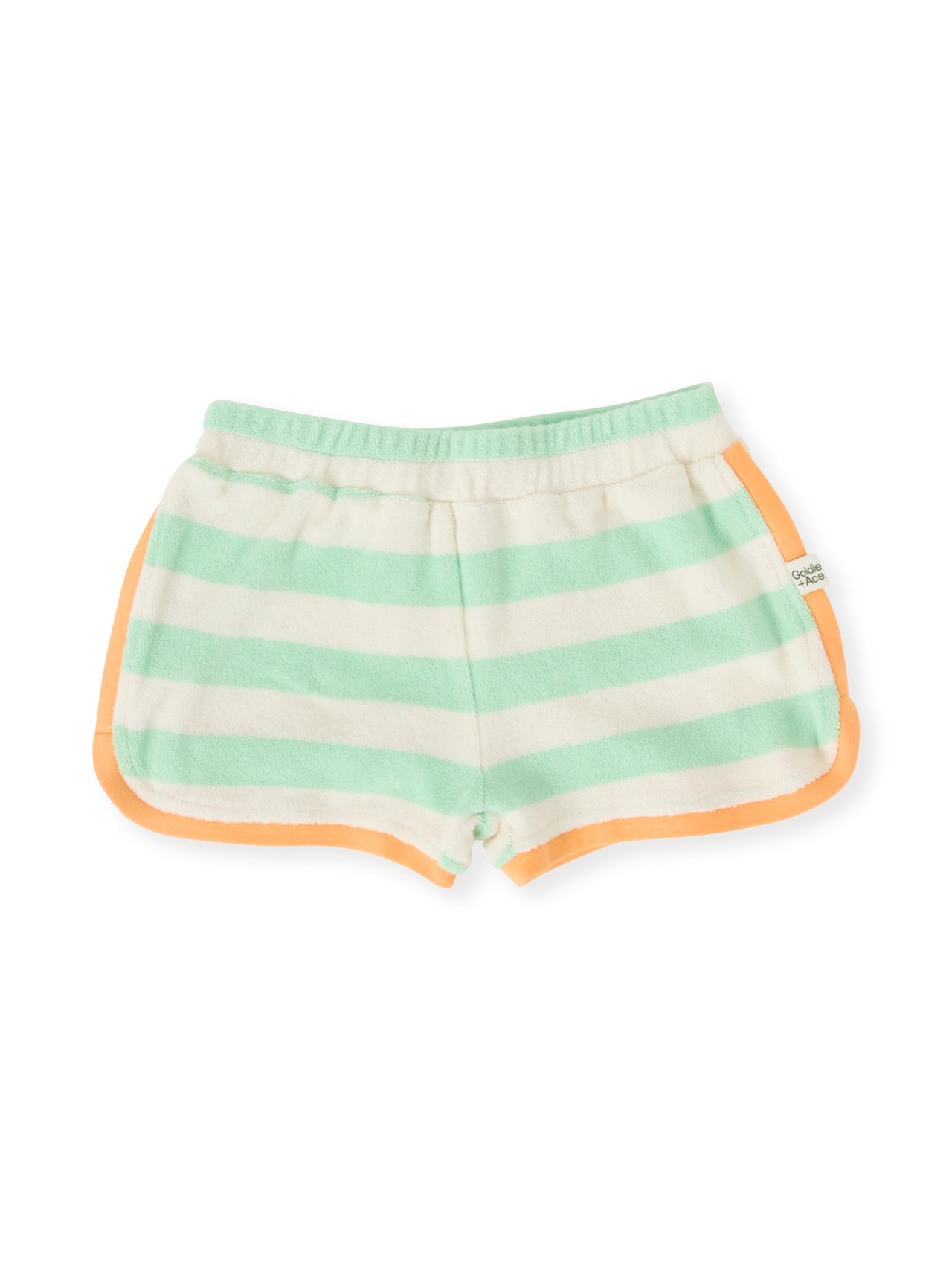 The Goldie + Ace Peas In A Pod Stripe Shorts in Peapod/Cloud pictured on a transparent background. The material is 100% cotton. It is a bottom made for babies, toddlers and kids.