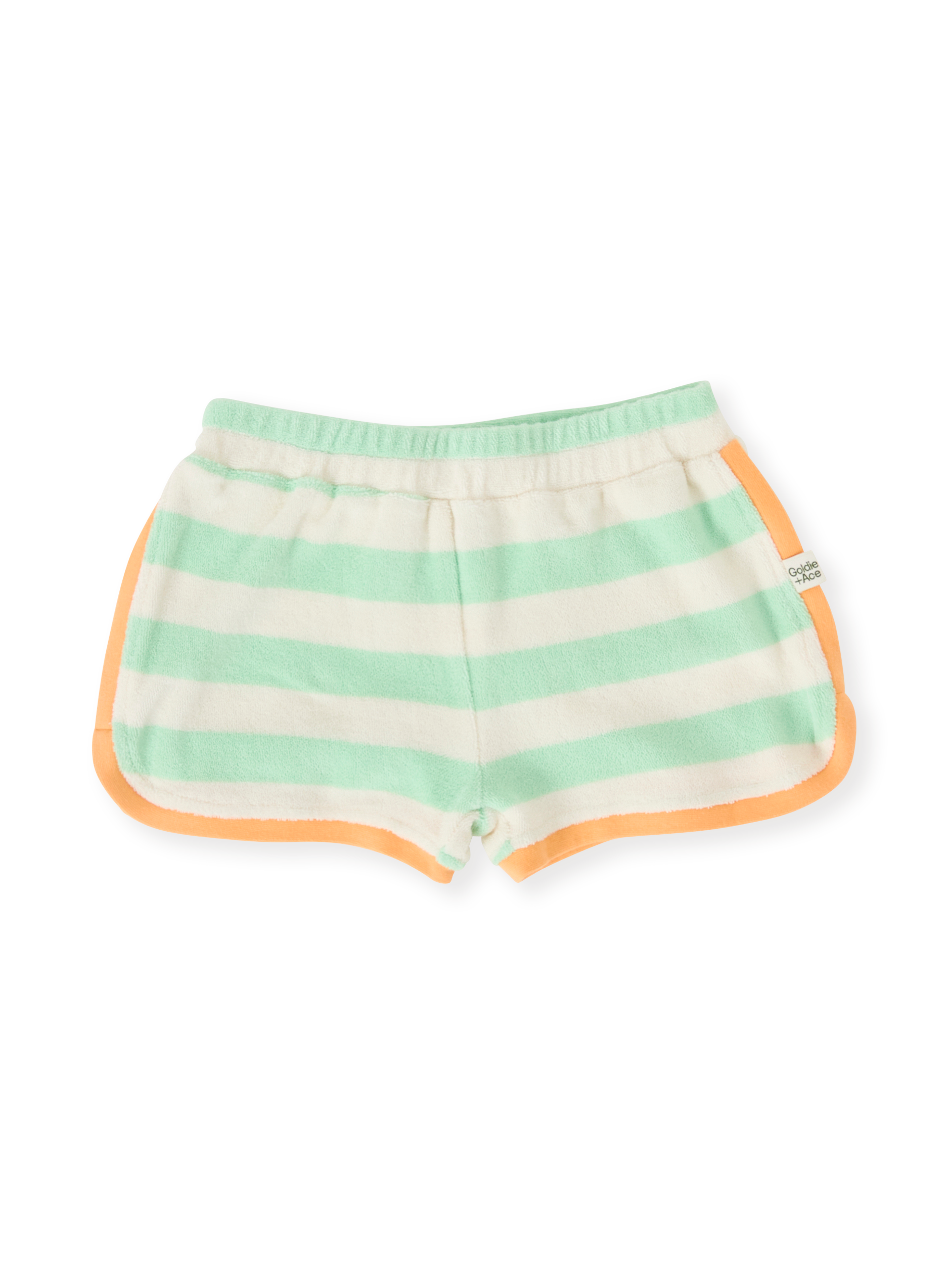 The Goldie + Ace Peas In A Pod Stripe Shorts in Peapod/Cloud pictured on a transparent background. The material is 100% cotton. It is a bottom made for babies, toddlers and kids.