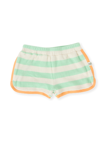 The Goldie + Ace Peas In A Pod Stripe Shorts in Peapod/Cloud pictured on a transparent background. The material is 100% cotton. It is a bottom made for babies, toddlers and kids.