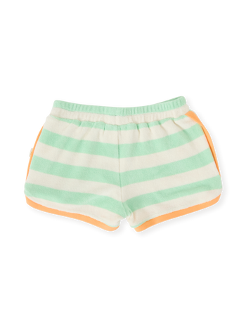 The Goldie + Ace Peas In A Pod Stripe Shorts in Peapod/Cloud pictured on a transparent background. The material is 100% cotton. It is a bottom made for babies, toddlers and kids.