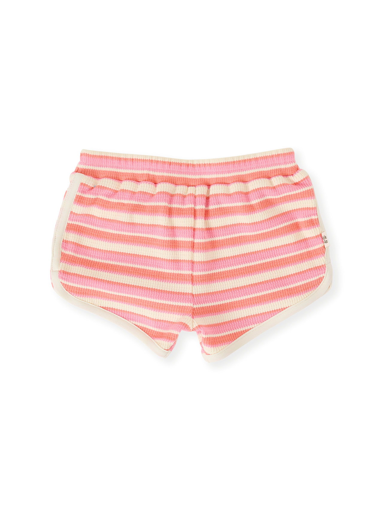 The Goldie + Ace Watermelon Stripe Shorts in Pink/Peach pictured on a transparent background. The material is 100% cotton. It is a bottom made for babies, toddlers and kids.