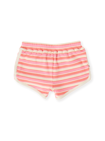 The Goldie + Ace Watermelon Stripe Shorts in Pink/Peach pictured on a transparent background. The material is 100% cotton. It is a bottom made for babies, toddlers and kids.