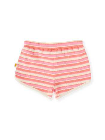 The Goldie + Ace Watermelon Stripe Shorts in Pink/Peach pictured on a transparent background. The material is 100% cotton. It is a bottom made for babies, toddlers and kids.