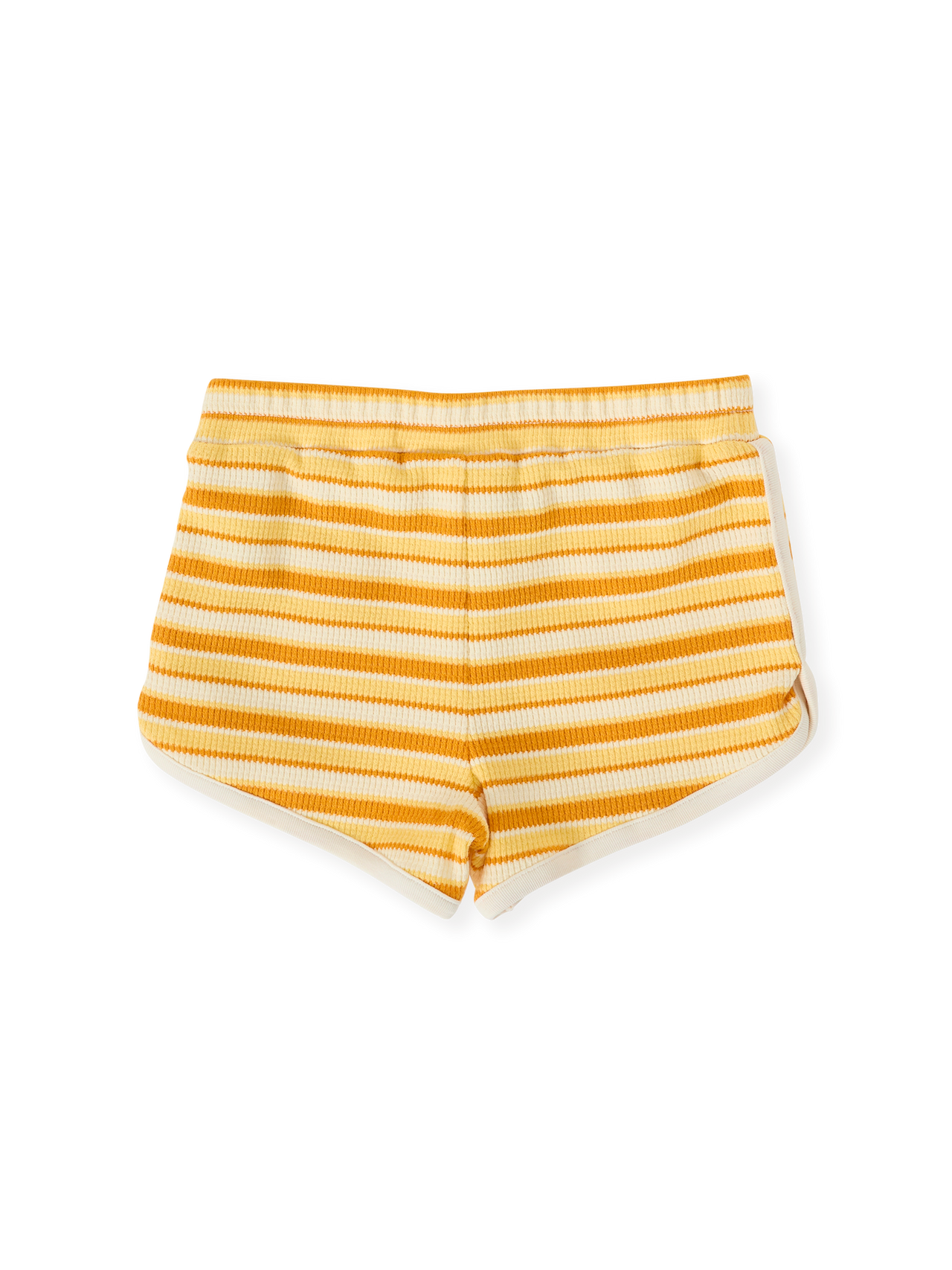 The Goldie + Ace Sunshine Stripe Shorts in Lemon/Golden pictured on a transparent background. The material is 100% cotton. It is a bottom made for babies, toddlers and kids.