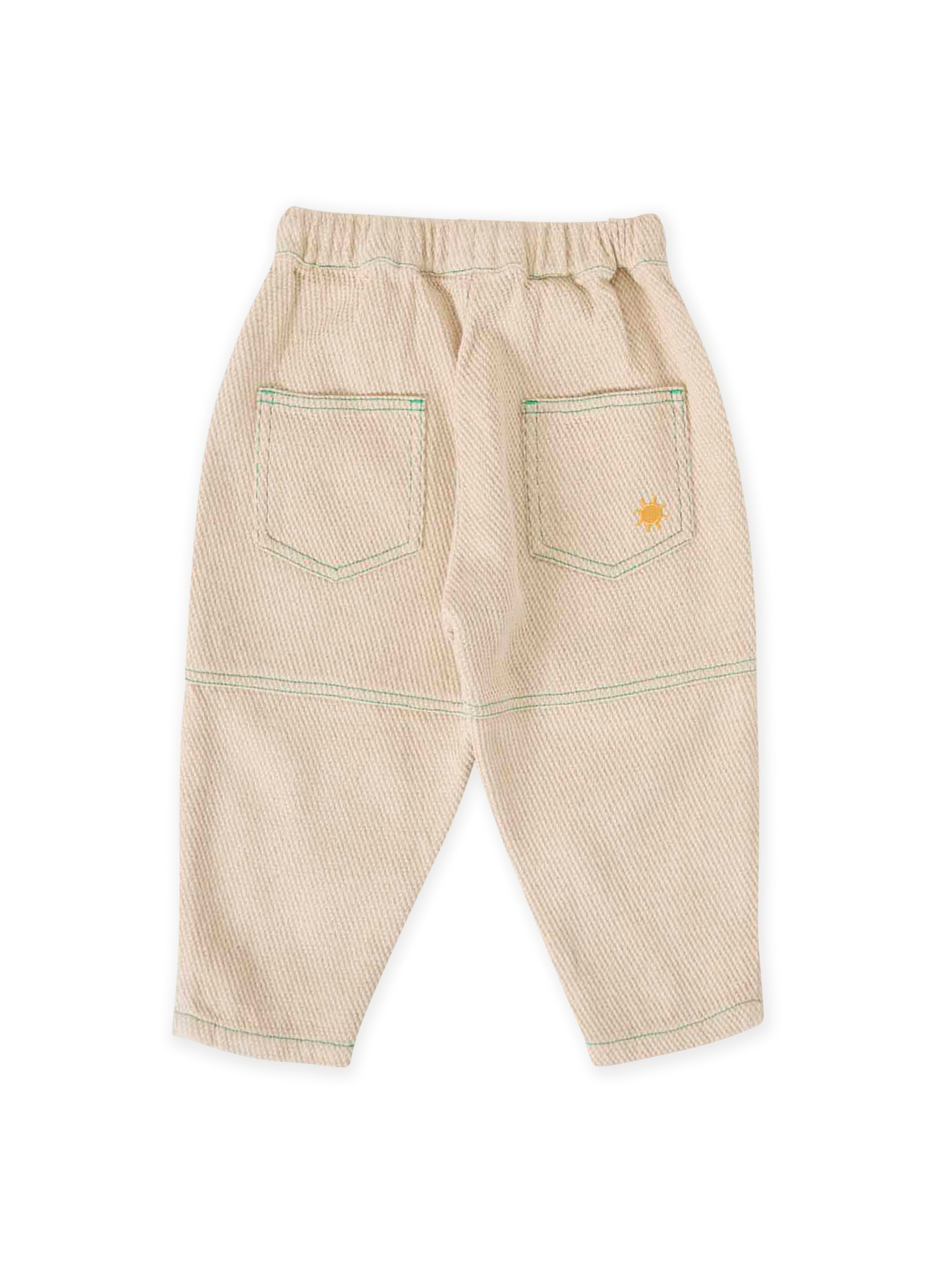 The Goldie + Ace Drew Embroidered Pocket Pant in Sand pictured on a transparent background. The material is durable & soft cotton-linen blend. It is a bottom made for babies, toddlers and kids.