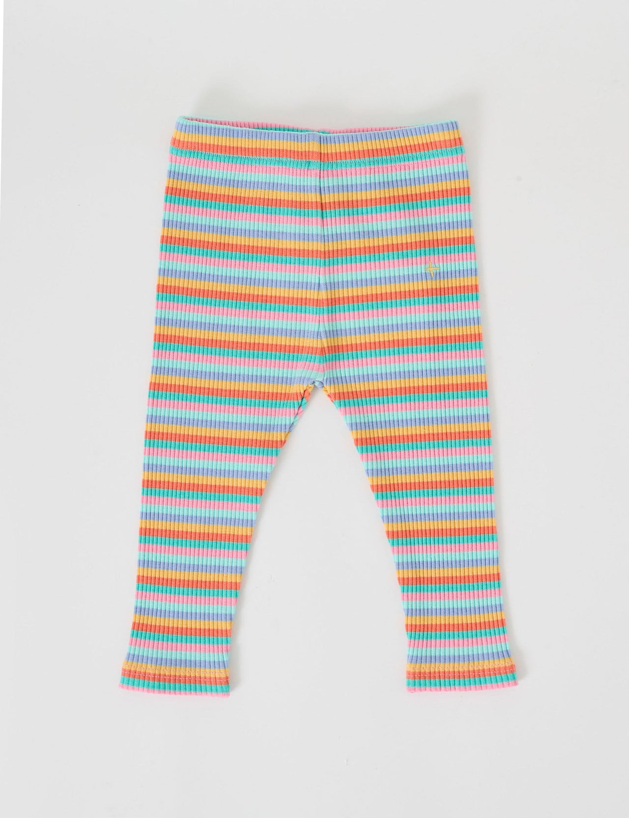 The Goldie + Ace Rib Leggings in Candy Stripe pictured on a grey background. The material is soft ribbed cotton elastane. It is a bottom made for babies, toddlers and kids.