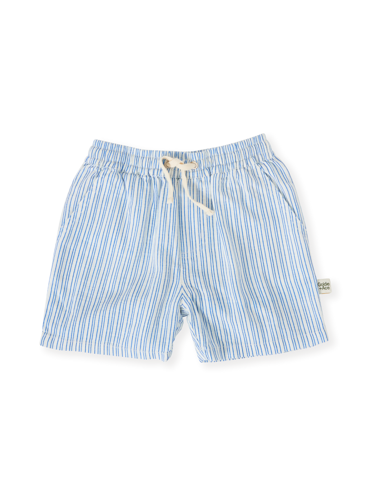 The Goldie + Ace Sailor Stripe Noah Shorts in Ocean/Ivory pictured on a transparent background. The material is soft and breathable rayon-linen blend. It is a bottom made for babies, toddlers and kids.