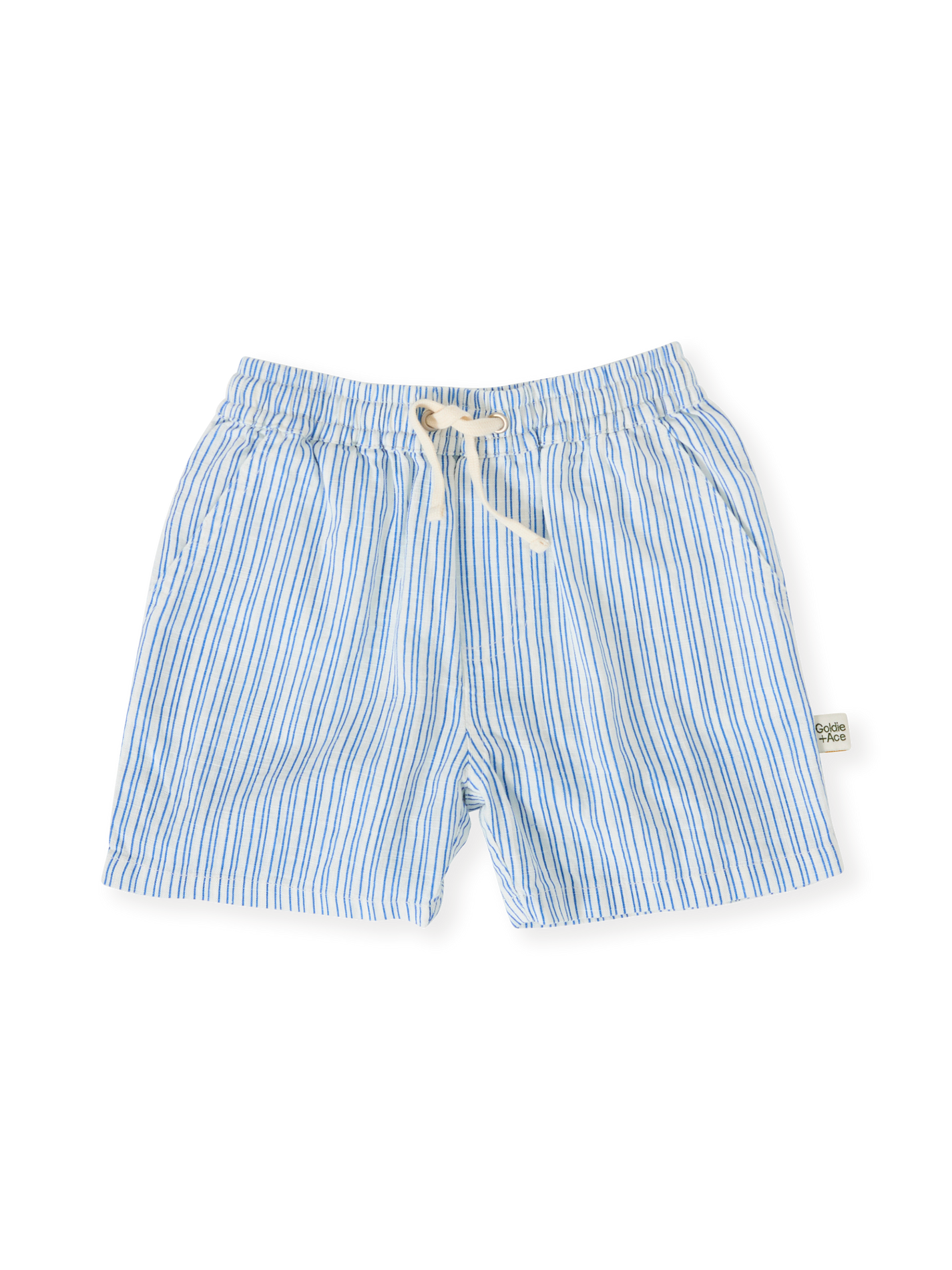 The Goldie + Ace Sailor Stripe Noah Shorts in Ocean/Ivory pictured on a transparent background. The material is soft and breathable rayon-linen blend. It is a bottom made for babies, toddlers and kids.