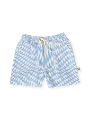 The Goldie + Ace Sailor Stripe Noah Shorts in Ocean/Ivory pictured on a transparent background. The material is soft and breathable rayon-linen blend. It is a bottom made for babies, toddlers and kids.