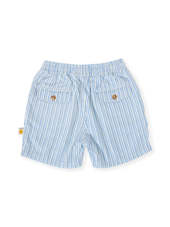 The Goldie + Ace Sailor Stripe Noah Shorts in Ocean/Ivory pictured on a transparent background. The material is soft and breathable rayon-linen blend. It is a bottom made for babies, toddlers and kids.