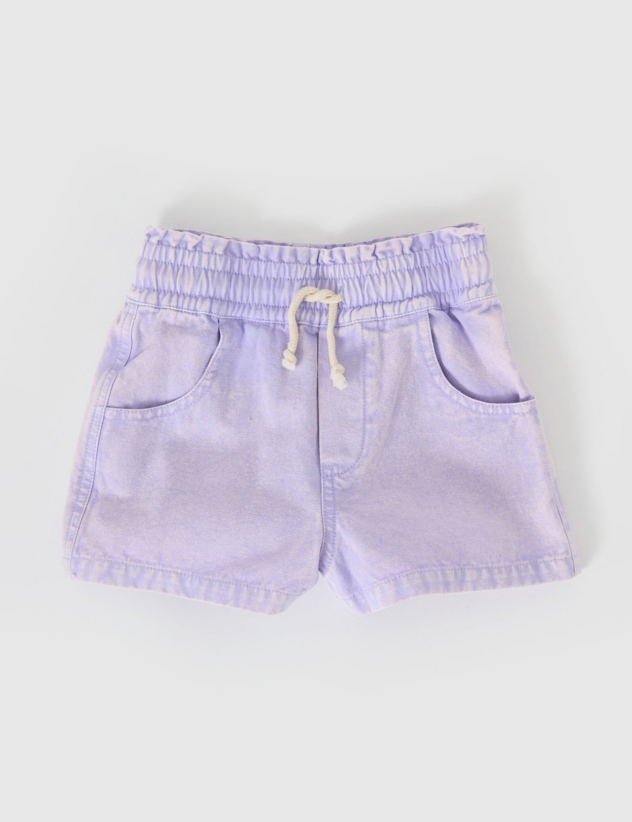 The Goldie + Ace Ziggy Denim Shorts in Mauve pictured on a grey background. The material is cotton twill. It is a bottom made for babies, toddlers and kids.