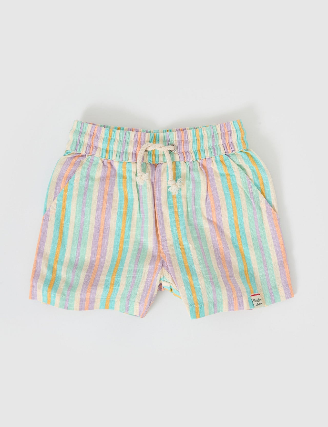 The Goldie + Ace Noah Linen Shorts in Resort Stripe pictured on a grey background. The material is linen. It is a bottom made for babies, toddlers and kids.